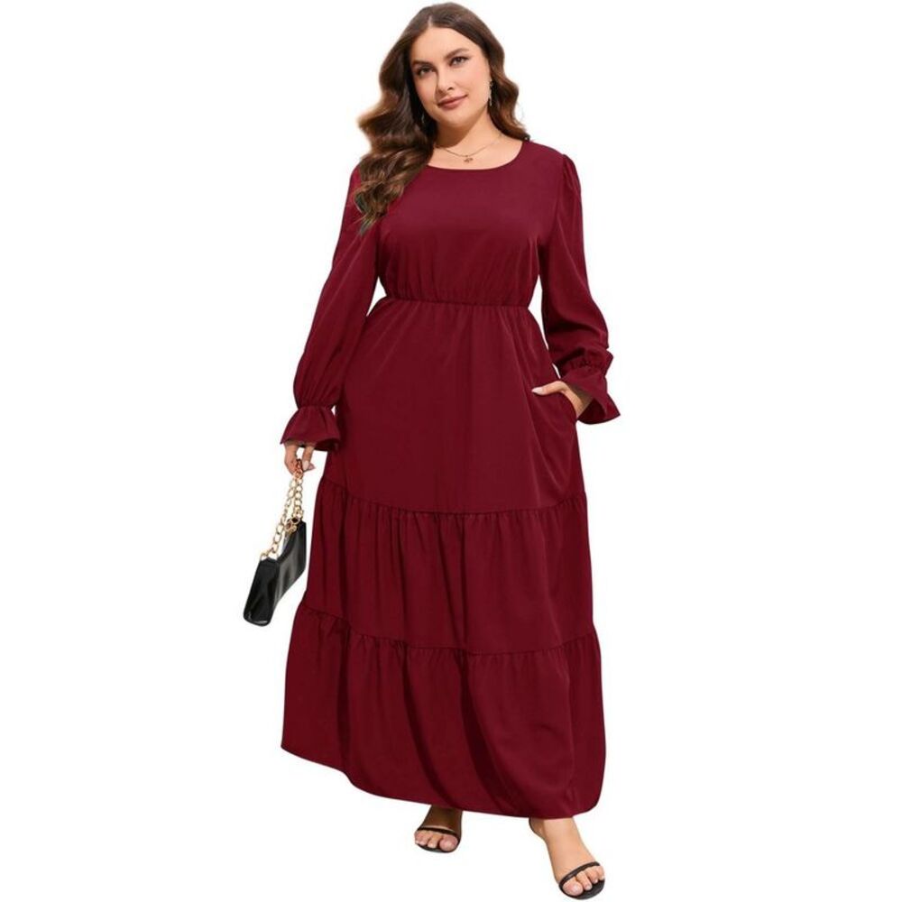 Women's Plus Long Sleeve Tiered Satin Maxi Dress Pockets - Wine Red 2XL